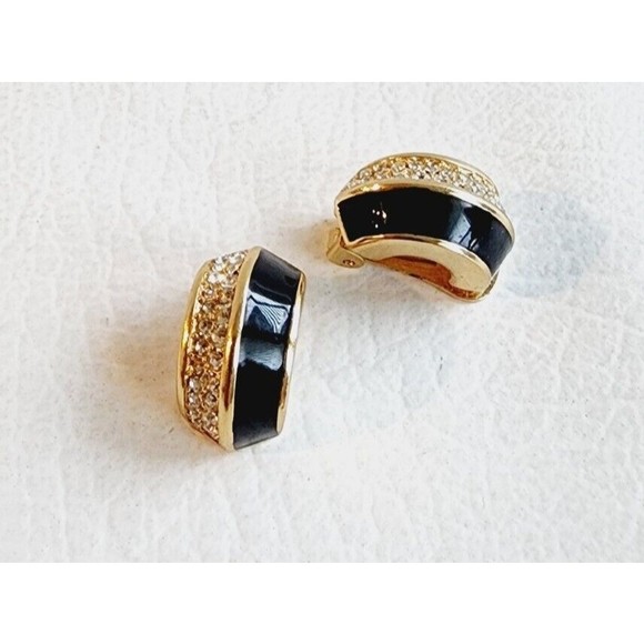 Vintage Christian Dior Gold Black Enamel Rhinestone Clip On Earrings Great - Picture 1 of 8